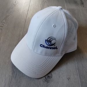 Channel Trucker Hat Snapback Cap White Blue Adjustable Strap OSFA Mesh 6 Panel